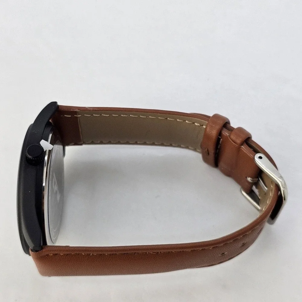 Field Men's Watch 42MM Easy Read Black Dial Black Case Brown Leather Band Straps